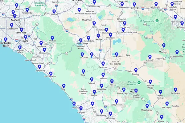 Fallbrook web design service area map for Shared Graphics web design and SEO Murrieta California